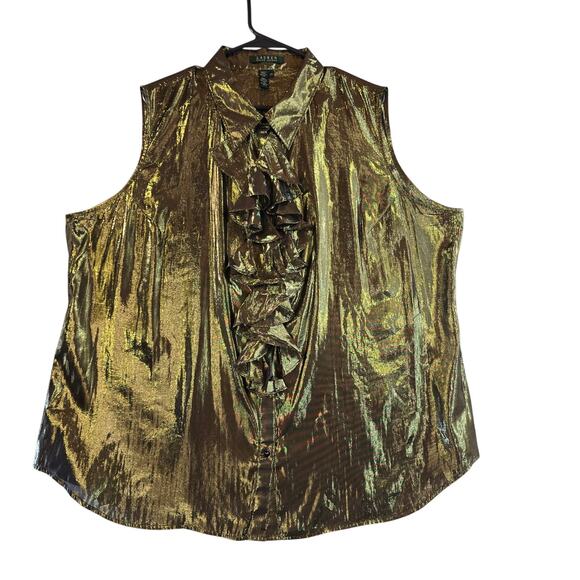 Lauren Ralph Lauren Metallic Gold Ruffle Blouse Size 22W - Picture 1 of 5